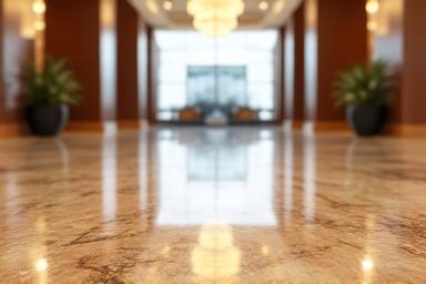 Grand hotel lobby with highly polished marble floors reflecting light, crystal clear